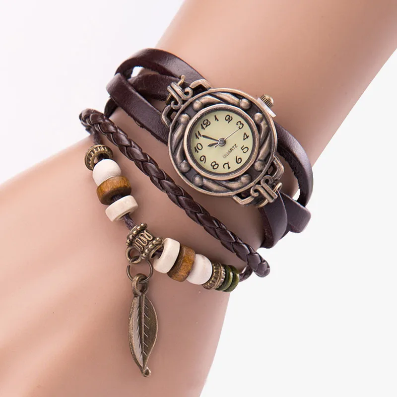 Women Girl Vintage Watches, Bracelet Wristwatches leaf Pendant Coffee Girl Cute Pretty