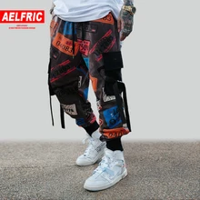 AELFRIC хип-хоп цветной блок граффити мужские брюки-карго Harajuku Уличная Повседневная ленты Мужские Спортивные штаны шаровары, штаны для бега брюки