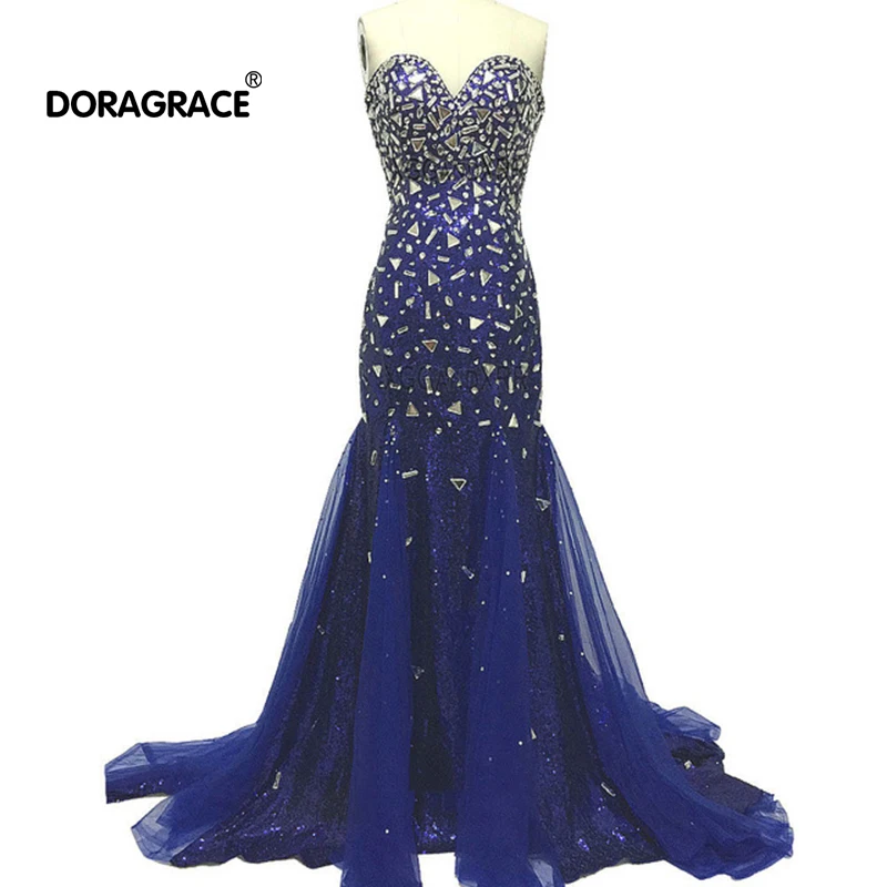 

Doragrace Real Photo Sweetheart Sleeveless Mermaid Navy Blue Evening Dresses Formal Evening Party Gowns