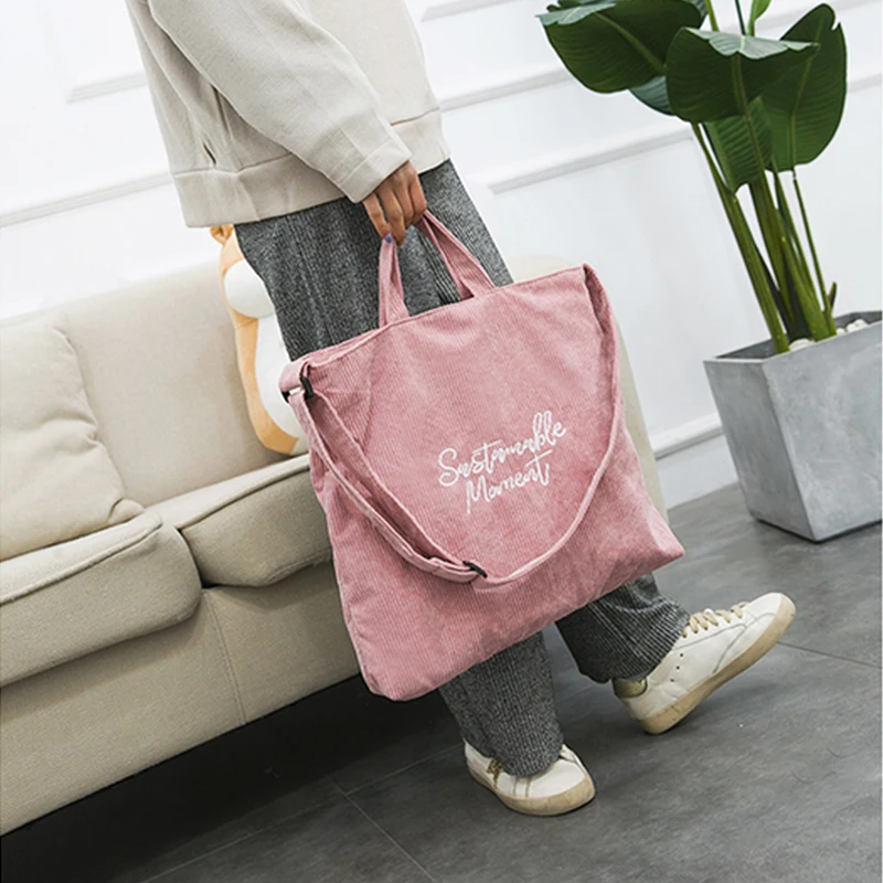 NIBESSER вельветовые повседневные женские сумки с вышитыми буквами, холщовые сумки через плечо, женские сумки для покупок, Большая вместительная сумка