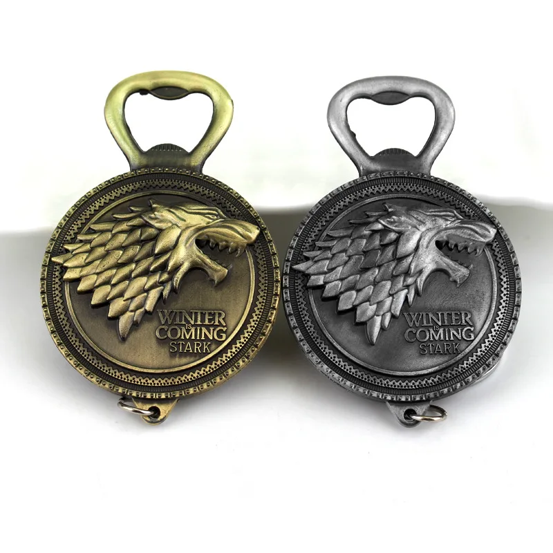 

100 PCS/Lot Visual Touch Game of Thrones Keychain Bottle Opener Key Chain House Stark Family Wolf Totem Key Ring Beer Soda
