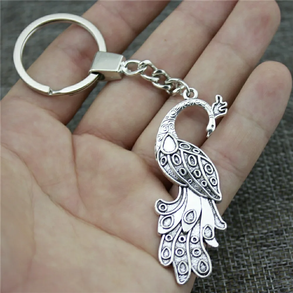 

New Fashion Keychain 2 Colors Antique Bronze Antique Silver Color 61x21mm Peacock Pendant Key Chain Ring Holder Dropshipping
