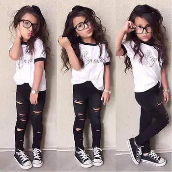 

Tops Ripped Pants Cut Trousers 2pcs Outfits Set 2PCS Cute Baby Kids Girls Summer Clothes Sets Fashion Outfits