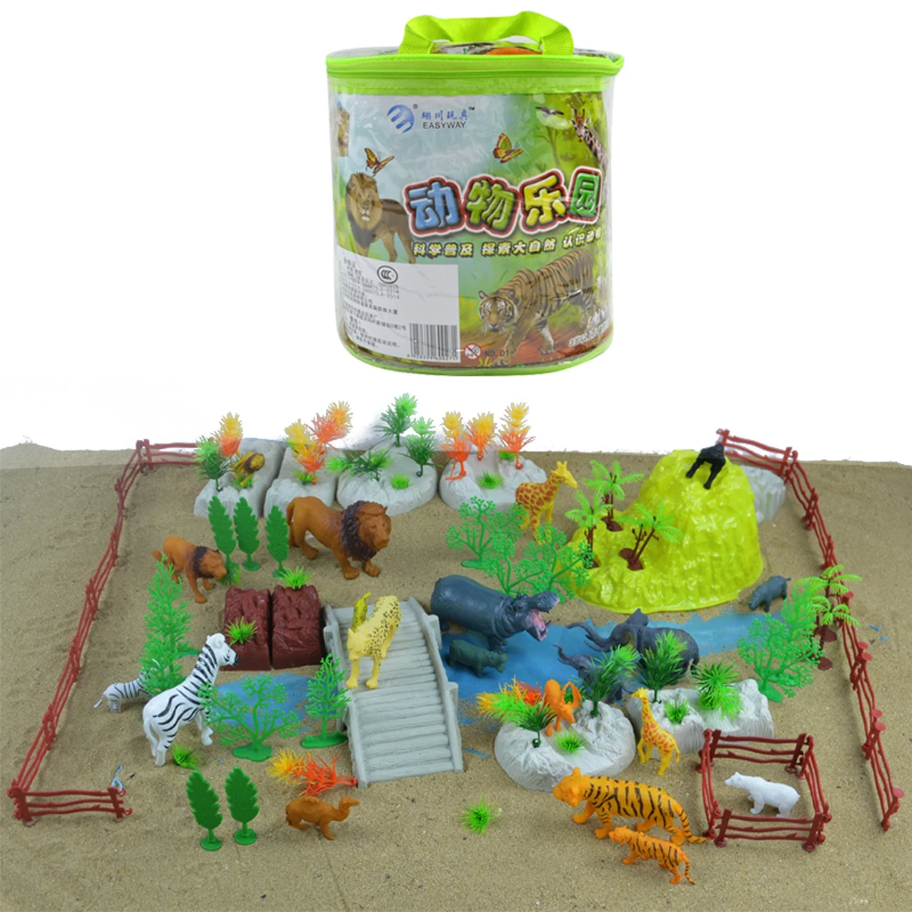 MagiDeal 100 Pieces Plastic Wild Animals Figurine Zoo Animals Fence Tree Model Toys for School Classroom Children Birthday Gift