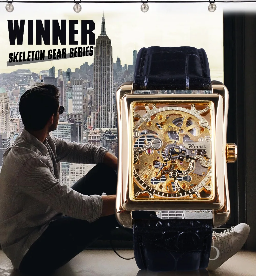 Winner 2017 Retro Casual Series Rectangle Dial Design Golden Pattern Hollow Skeleton Watch Men Watch Top Brand Luxury Mechanical