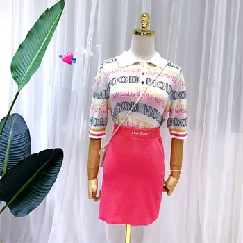 

Summer Women Knitted Skirt Suits Colorful Letters Runway Printed Short Sleeve Sweater Suits + Short Embroidery Skirt Set CC153