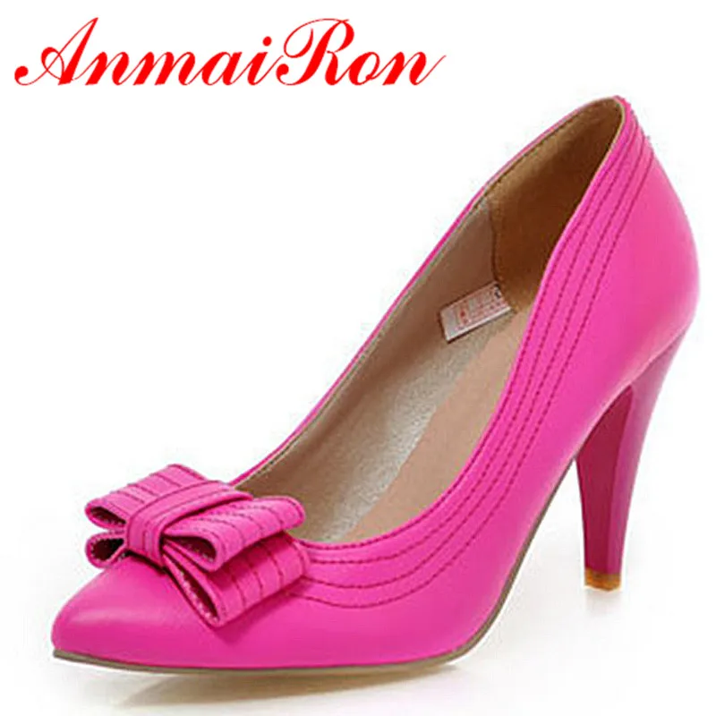 

ANMAIRON Newsize 34-43 fashion Sexy Yellow Pink peach Bowtie Thin Heels High shoes Pointed Toe women pumps shoes platform pumps