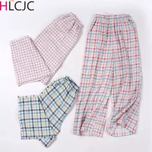 Хлопковые клетчатые укороченные штаны для девочек; женские весенне-летние тонкие домашние штаны с двойными сетчатыми вставками; Пляжные штаны с боковыми карманами в Корейском стиле