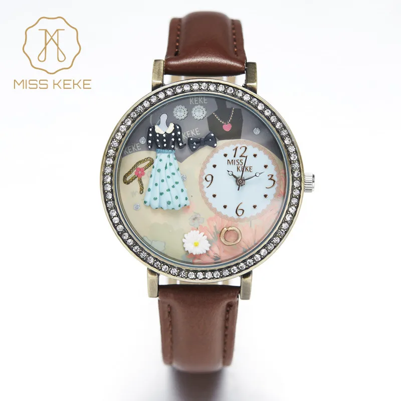 

Miss Keke Clay Cute Creative Unique Dresses For Women Watch Relogio Feminino Ladies Quartz Leather Rhinestone Wristwatches 671
