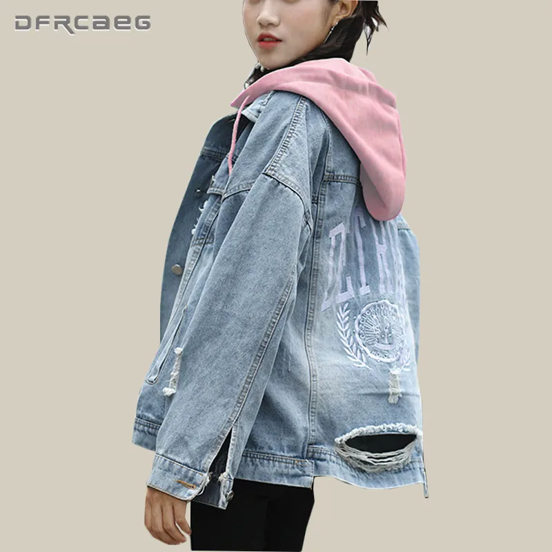 Goedkoop Blauw Losse Hooded Jeans Jas Vrouwen Lente Herfst Denim Jas Met Gat Vintage Lange Mouwen Print Streetwear Jas Uitloper