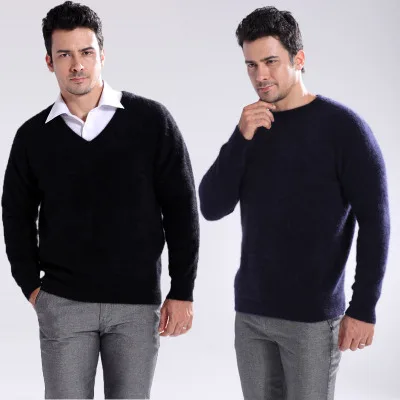 Новые мужские однотонные Вязаные норковые кашемировые свитера мужские трикотажные v-образным вырезом горловины и с О-образным вырезом пуловеры