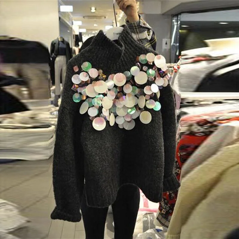

Han Guodong Gate 2019 Women Clothing Autumn Winter New Products Korean Sequins Loose High Necked Sweater Knitted Sweater