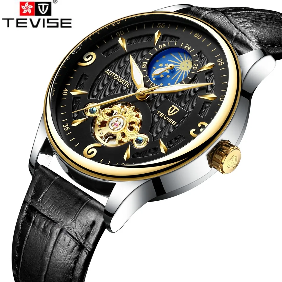 

New Tevise Wristwatches Mens Top Brand Luxury Day Moonphase Auto Watch Mechanical Watches Wristwatches Gift Box Free Ship