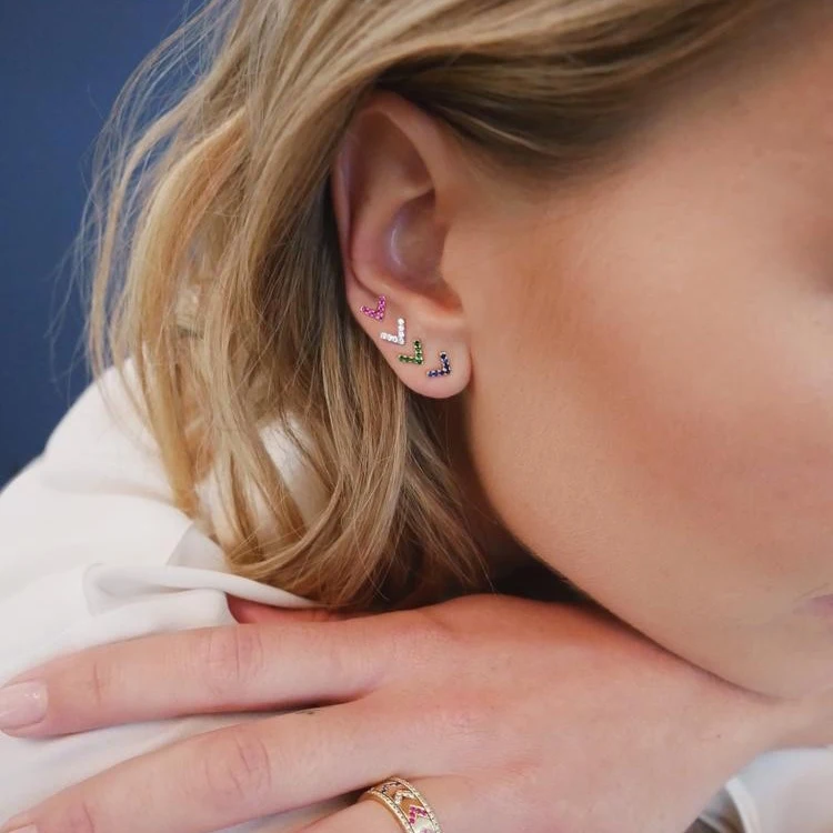 

925 sterling silver white geen red cz paved Chevron stud earring lovely girls minimalist stack rainbow fashion vermeil jewelry