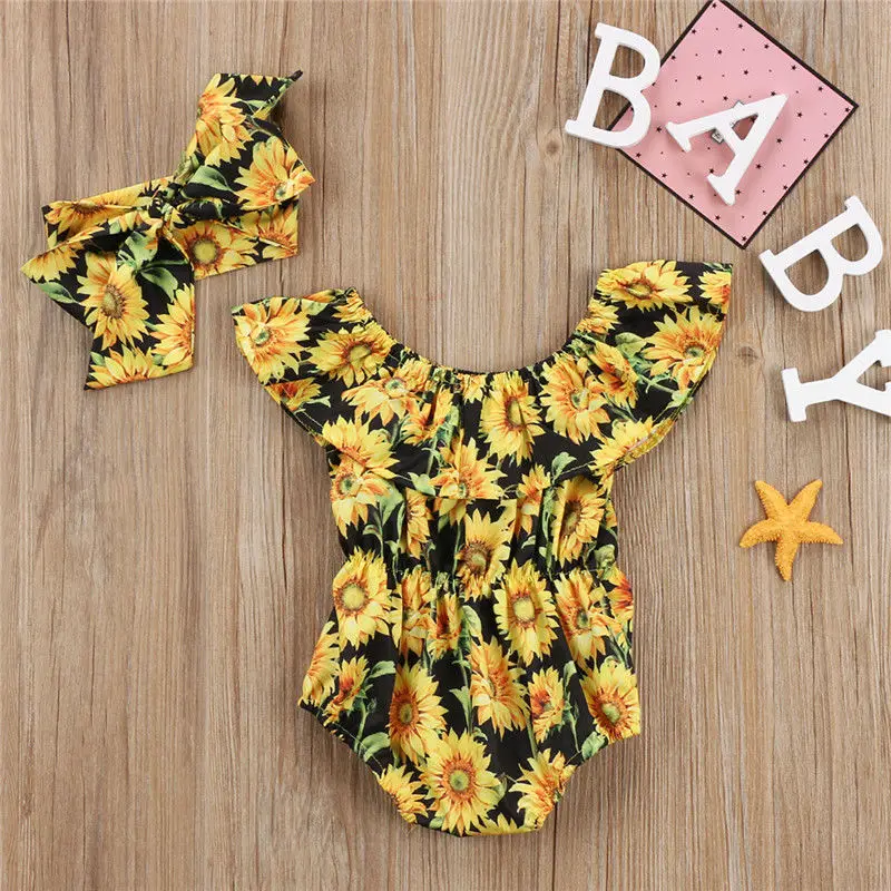 

Emmababy Baby Girls Bodysuit Flower Short Sleeve O Neck+ Headband Outfits Set Toddler Sundress Newborn Baby Girl Clothes