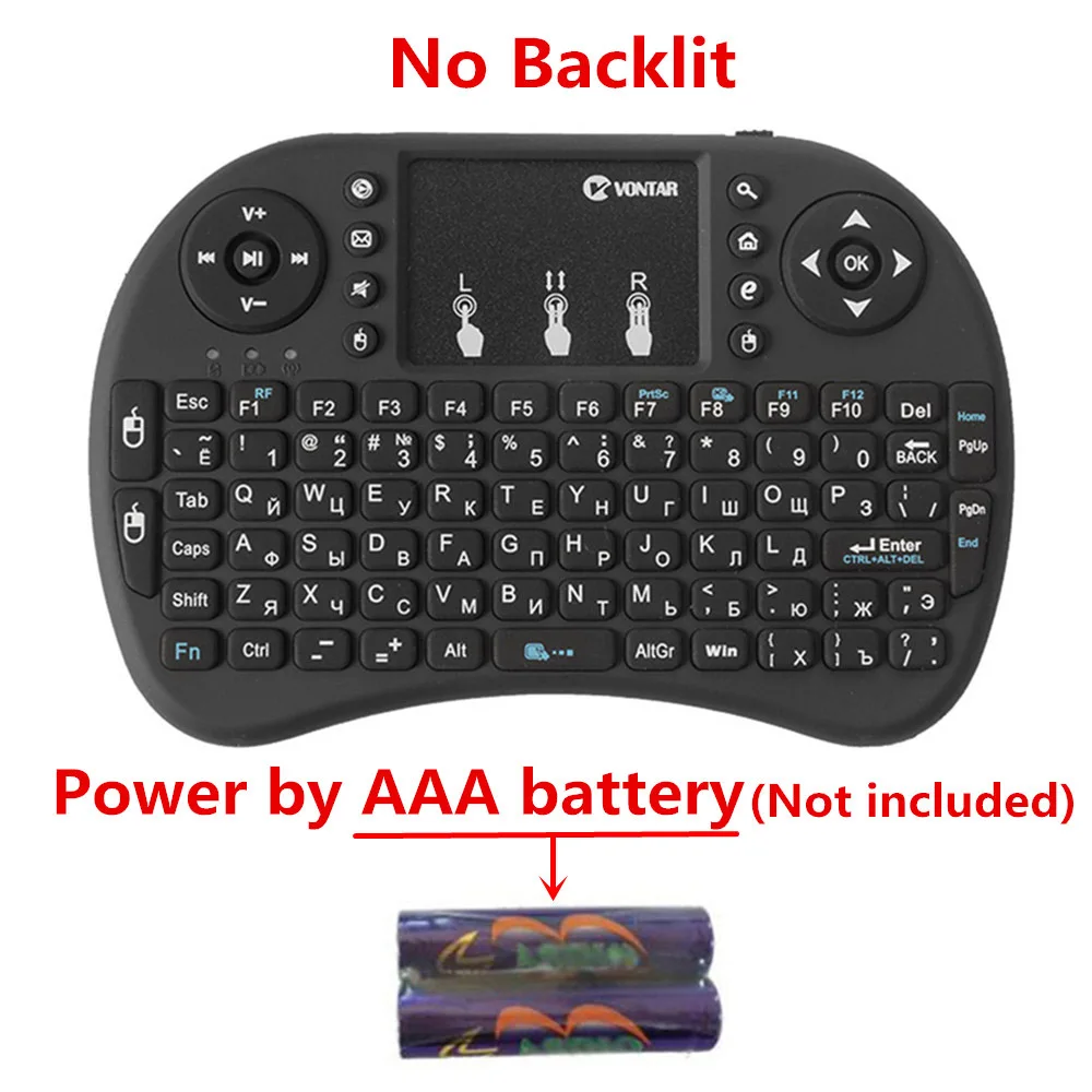 VONTAR i8+ 2,4G мини беспроводная клавиатура 7 цветов с подсветкой, английская русская сенсорная панель, портативная воздушная мышь для Android tv Box x96 Mini - Цвет: no backlit AAA batte
