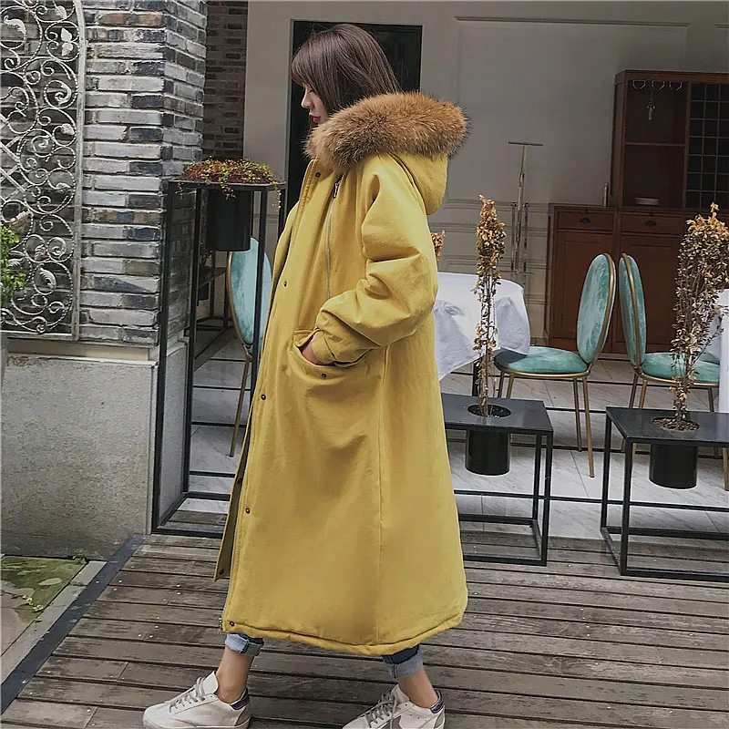 Lâche Nouveau Raton À Veste Épais Real Down Fourrure De Hiver Femme Laveur Capuche D'hiver Manteau 2018 Long Collier Jaune Big Parka Chaud pH07tqw