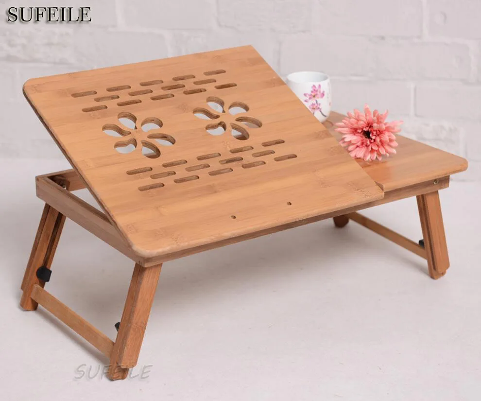 

SUFEILE Natural Bamboo Laptop Table Desk Adjustable Height Folding Table Stylish Computer Desk Portable Notebook Stand D5