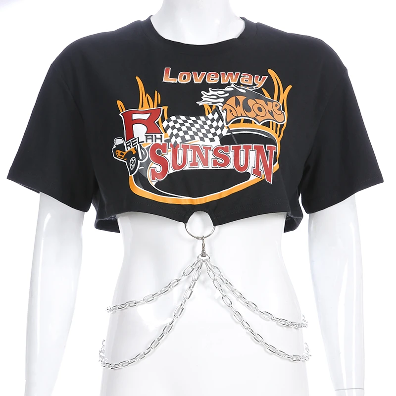 Rockmore Готическая хлопковая Футболка с железным кольцом, Женская свободная футболка в стиле панк с буквенным принтом, уличный с короткими рукавами, топы, футболки