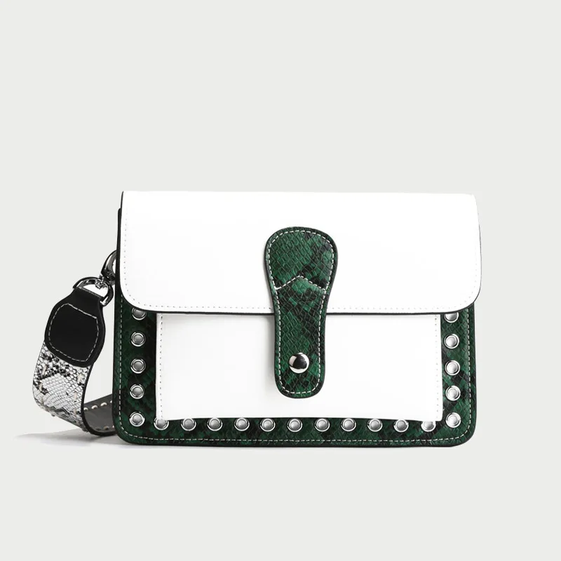 

Magnetic buckle snake serpentine women messenger bag wide shoulder strap handling handle Genuine Leather women's crossbody bags