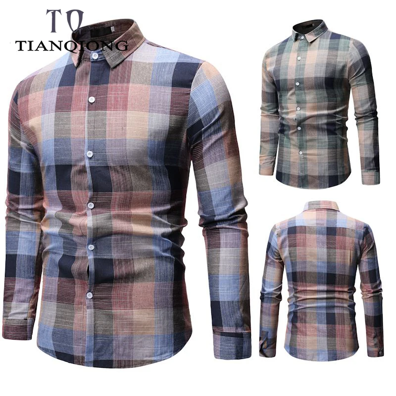 2019 Spring Autumn Fashion Men Clothes Slim Fit Long Sleeve Shirt Plaid Cotton Casual Social Plus Size M-3XL | Мужская одежда