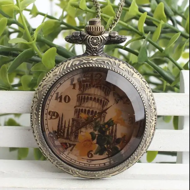 vintage-bronze-antiques-dark-brown-glass-leaning-tower-of-pisa-arabic-numeral-necklace-pocket-watches
