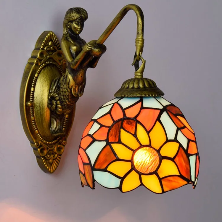 

American pastoral tiffany glass sunflower beauty double living room corridor balcony bedroom wall lamp