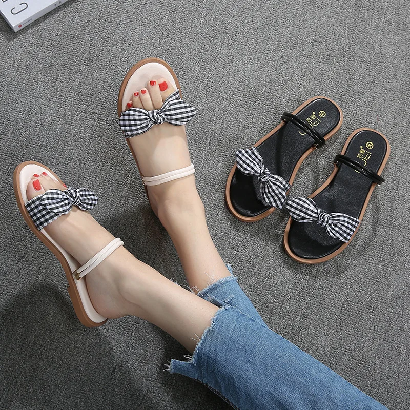 2-ways sandals summer women shoes plus size lattice cloth bowtie open toe slippers brief slingback ladies flats slides flipflops | Обувь
