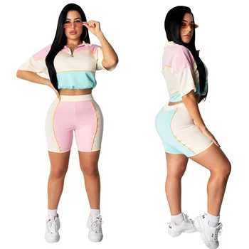 

Women SummerTwo Piece Sets Short Sleeve Zipper Fly T-Shirt + Short Pants Lady Tracksuits Sport Casual Color Collision Outfits