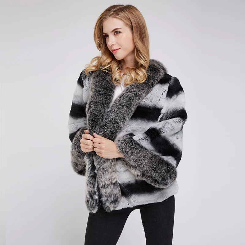 Aiyangsilan New Arrival Rabbit Fur Coats Women Fashion Natural Rex Rabbit Fur With Fox Fur Thick Warm Autumn Winter Fur Coats Coats