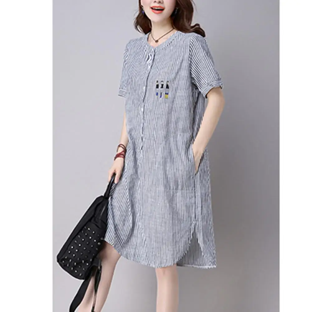 

2019 New Yfashion Women Summer Stripe Cotton Short Sleeve Elegant Charming Casual Dress vestidos Top Quality