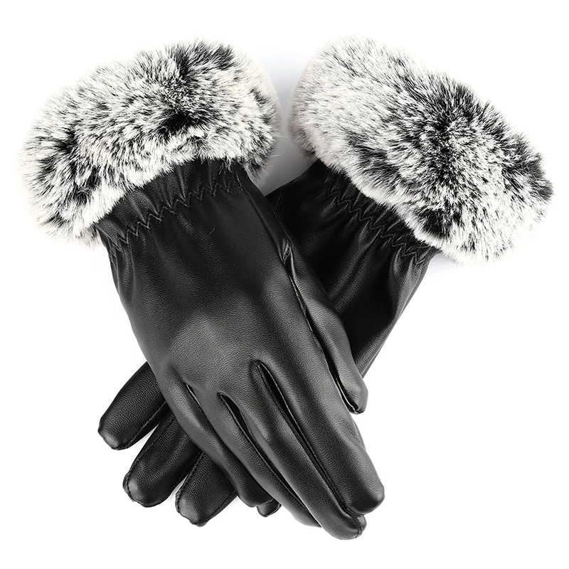 2017 Winter Womens Long Leather Gloves Wool Knitted Fox Fur Cuffs