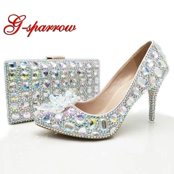 

2018 Cinderella Prom Party Shoes Pointed Toe Gorgeous Wedding Shoes with Matching Bag AB Crystal Womens Dress Shoes with Purse