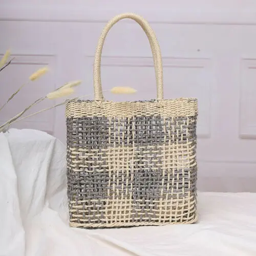 Women Hand-Woven Rattan Bag Lady Straw Purse Wicker Crossbody Beach Bag Gift Fishing Net Matching Plaid Handbag Shoulder Bags