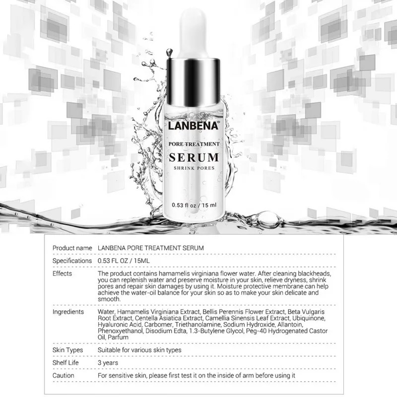 LANBENA Pore Treatment Serum Shrink Pores Blackhead Remover Acne Spots Hyaluronic Acid Vitamin C Face Essence Skin Care 15ml