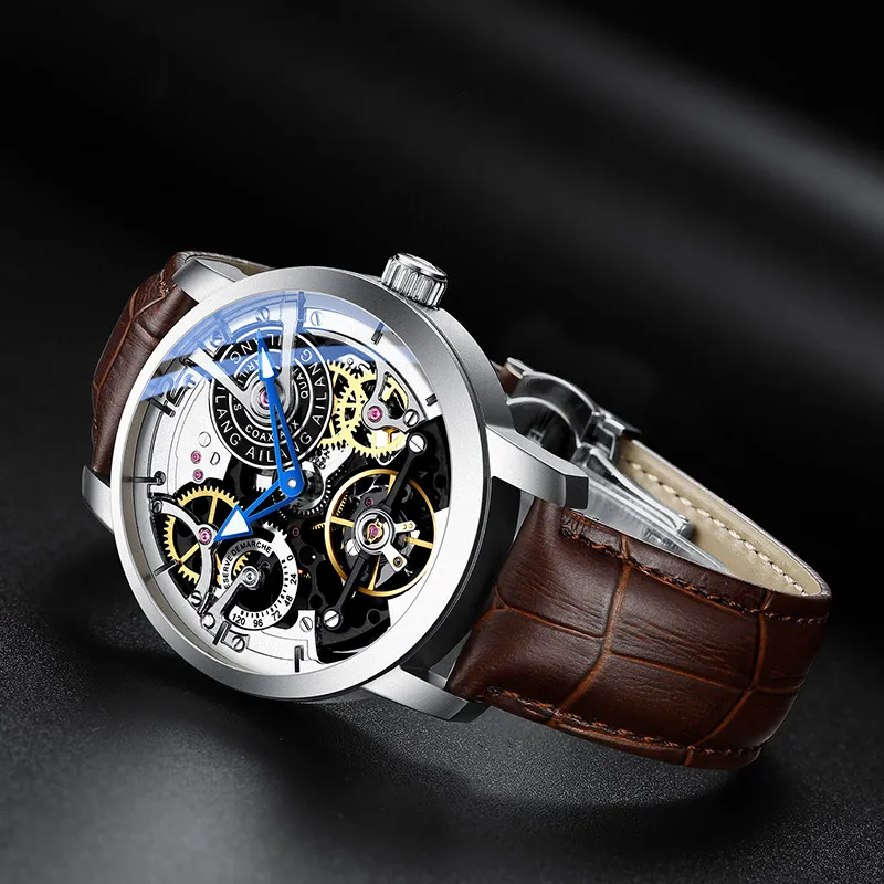 AILANG Мужские механические часы Tourbillon Роскошные модные мужские кожаные Брендовые