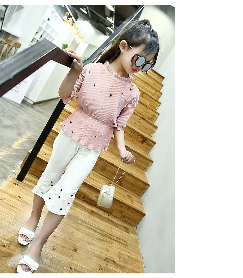 chiffon beading teenage little girls clothes 2pcs suit children girls clothing sets pink red blouses white black pants girls set  4 5 6 7 8 9 10 11 12 13 14  years old little big teenagegirls clothes set little (10)