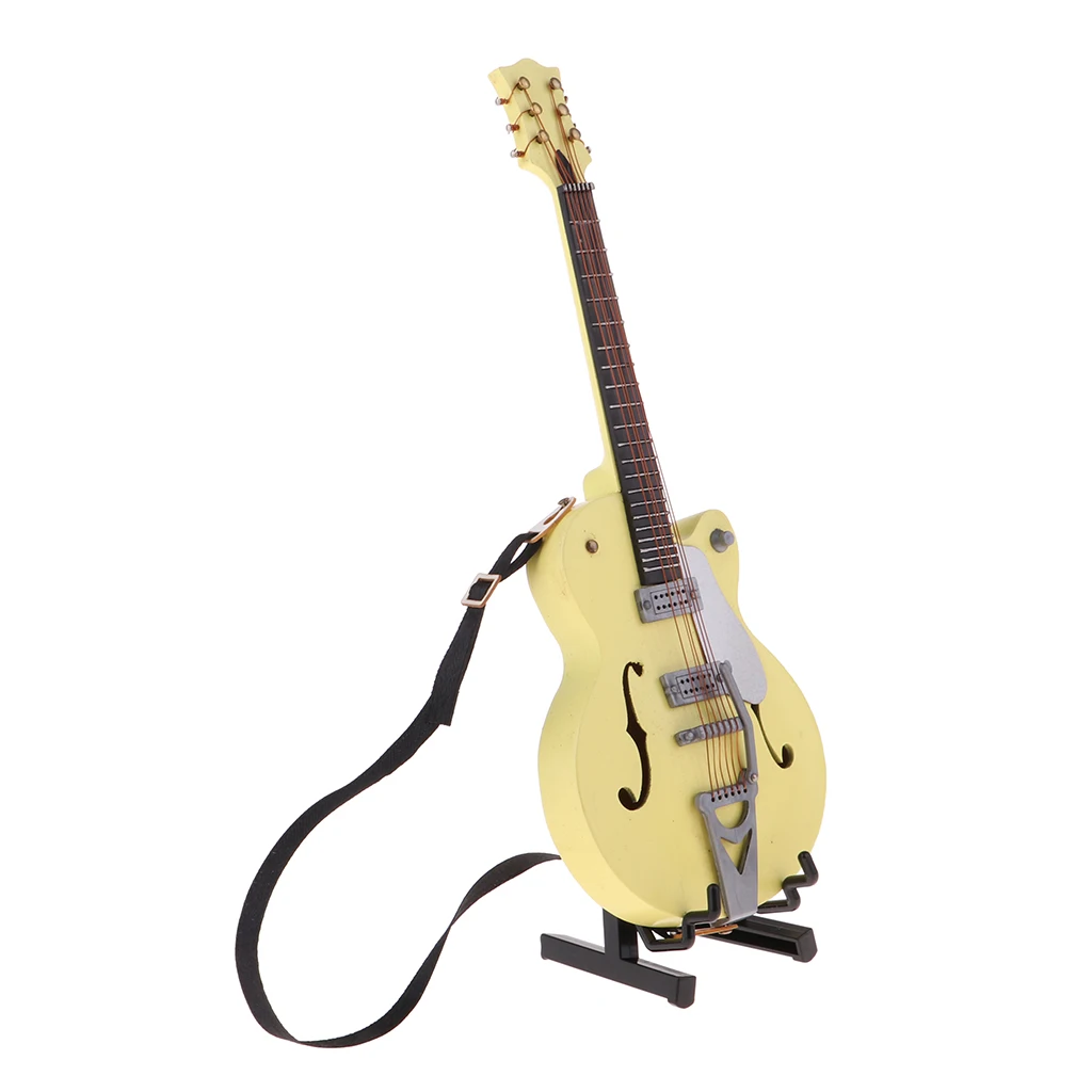 

1/6 Miniature Guitar with Stand Wooden Musical Instrument Model Home Desktop Decoration Music Lovers Gift (Yellow)