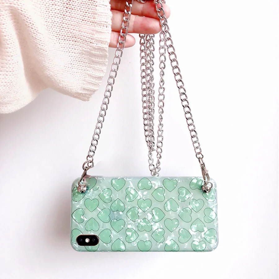 

love chain strap tpu case for iphone 7 8 6 6s plus XR X XS MAX case cover glitter foil heart shoulder lanyard soft silicon phone