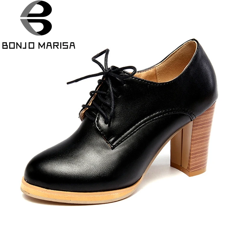 

BONJOMARISA Women's Chunky Wood Print High Heels Lace Up School Girl Style Casual Spring Shoes Woman Pumps Big Size 34-43
