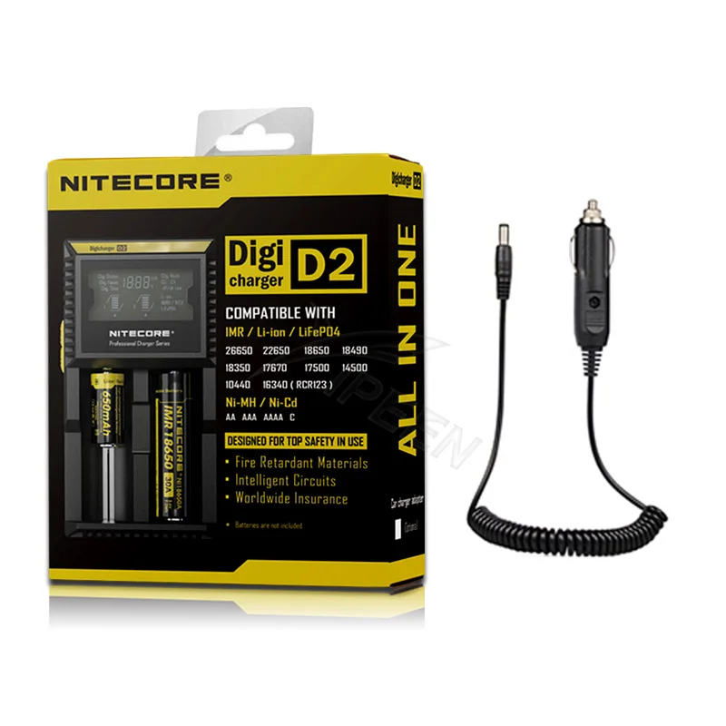 Оригинальное NItecore D4 D2 Новое I4 I2 Digi зарядное устройство lcd интеллектуальное Li-Ion AA AAA 18650 14500 16340 26650 зарядное устройство для автомобиля - Цвет: D2 Car Cable