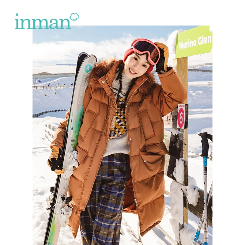 

INMAN Autumn New Female Hooded Fur Collar Loose Long Section Casual Warm Thick Down Coat
