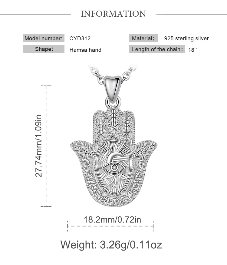 EUDORA 925 пробы Серебряное ожерелье с подвеской в виде руки Хамса от сглаза для мужчин и женщин, хорошее ювелирное изделие в виде ангела, Прямая поставка CYD312