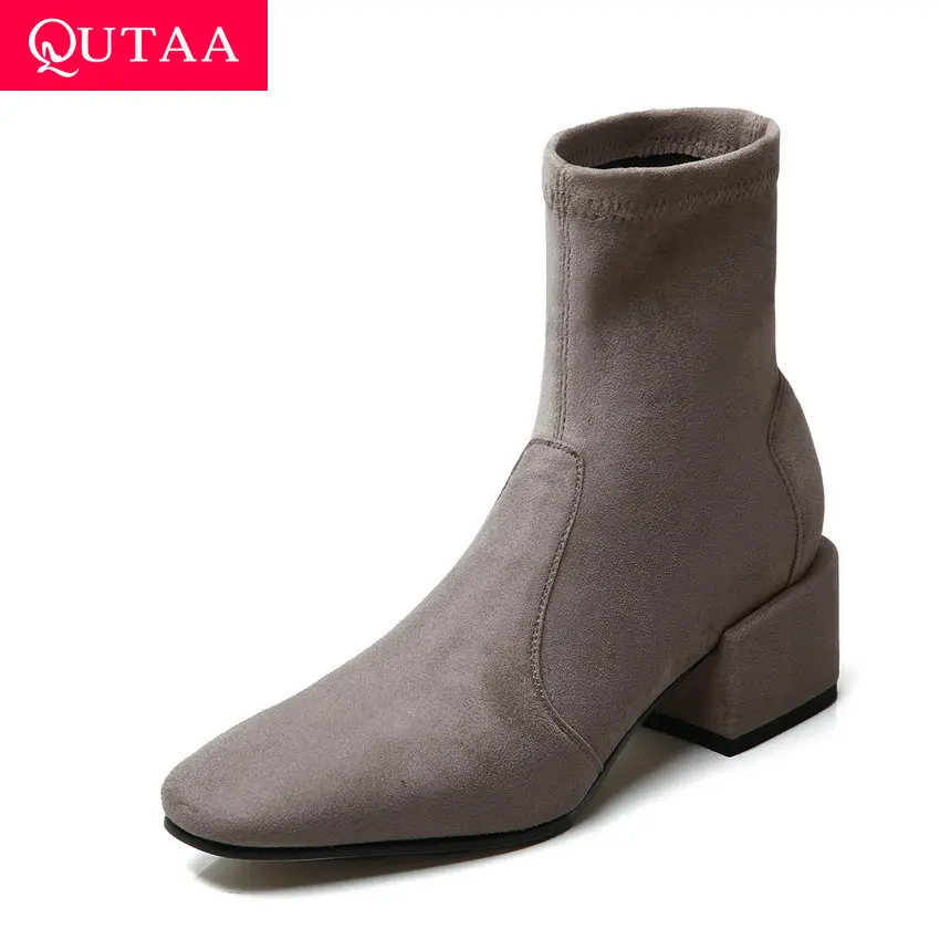 

QUTAA 2020 Stretch Flock Square Toe Slip on All Match Ankle Boots Fashion Square Middle Heel Winter Casual Women Shoes Size34-39