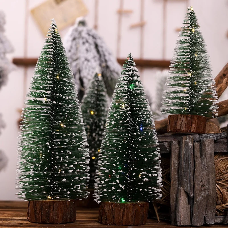 

1pcs 2 Style Lights Small DIY Christmas Tree Fake Pine Tree Mini Sisal Bottle Brush Christmas Tree Santa Snow Frost Village Hous