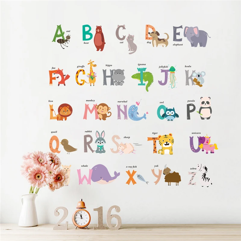 

Creative 26 ABC Alphabet Words Wall Stickers Bedroom Nursery Home Decor Cartoon Animals Wall Decals Pvc Mural Art Wallpaper