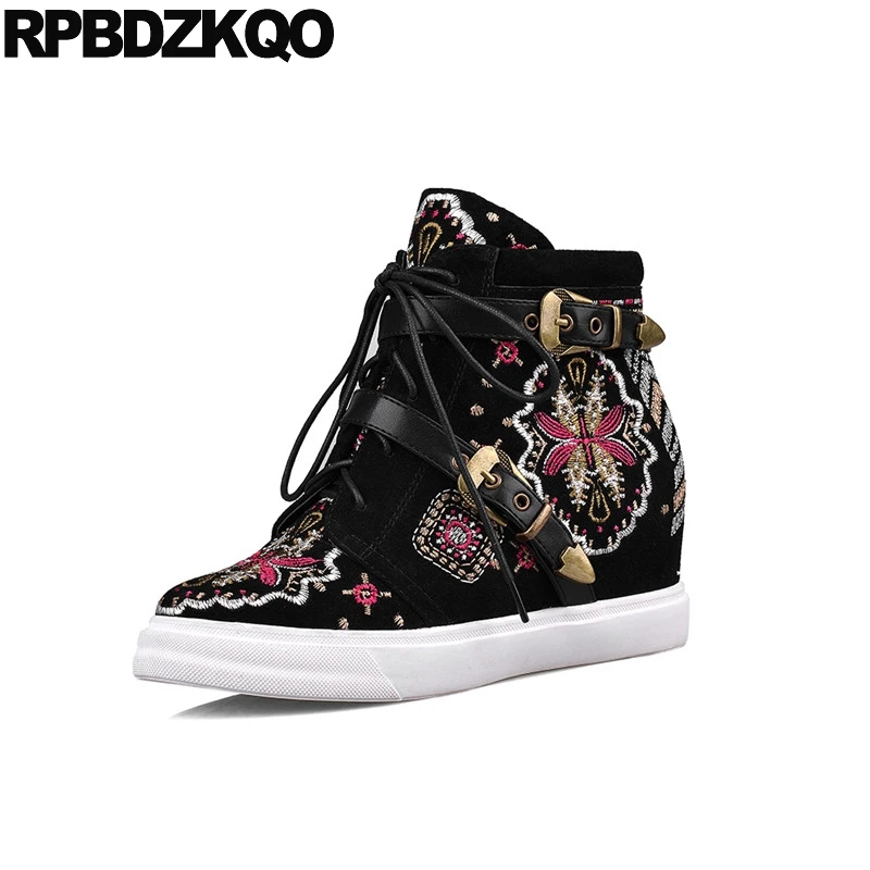 

Elevator Embroidered Embroidery Shoes Booties Designer Women Ankle Boots 2016 Round Toe Lace Up Metal Black Wedge High Heel