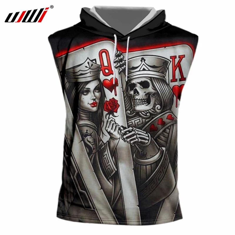 Черная майка с капюшоном UJWI Мужская футболка принтом Queen And King Poker Skull 3d хип хоп
