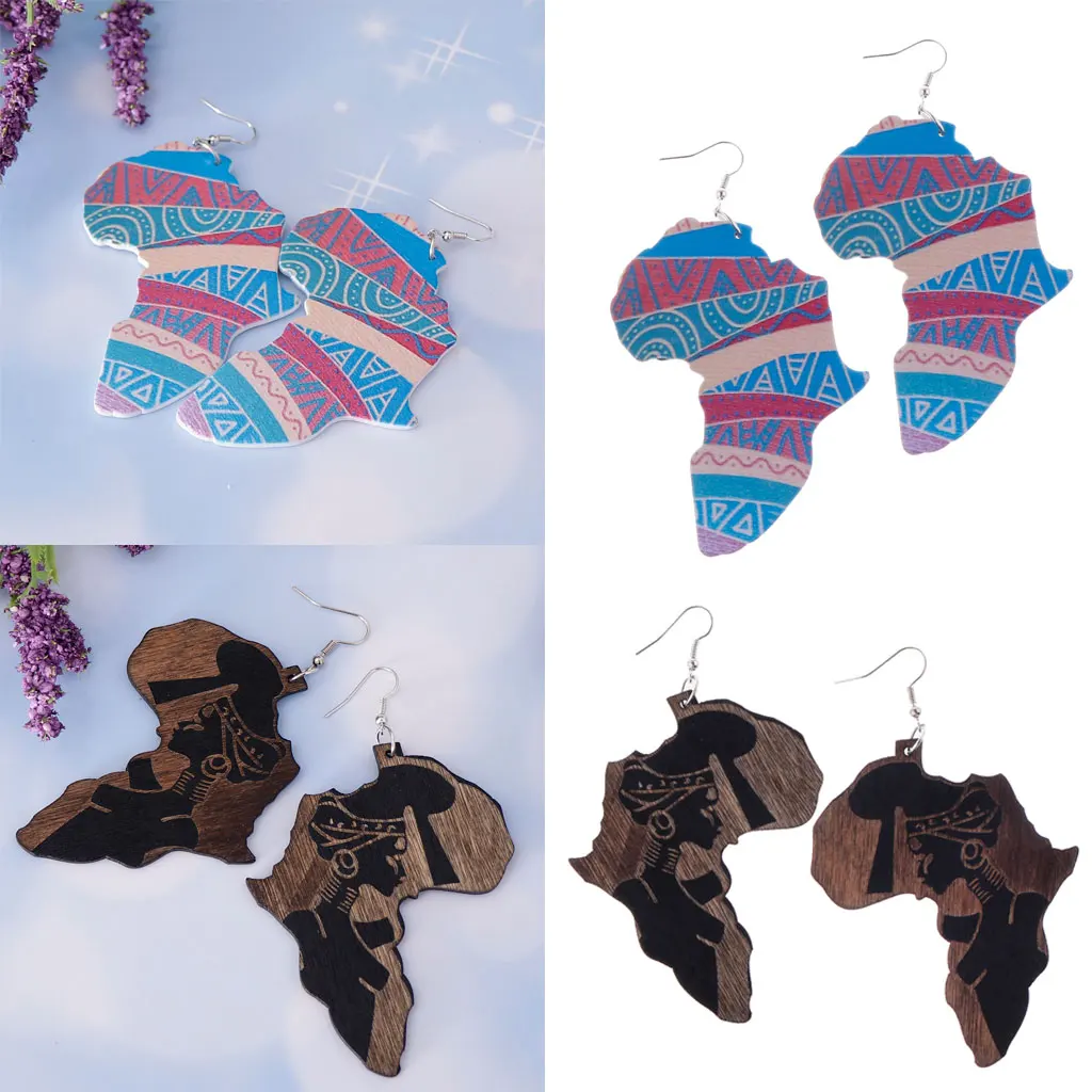 2 Pairs Vintage Wooden Ethnic Tribe African Map Lady Figure Dangle Drop Earring Fish Hook Belly Dancing Charms