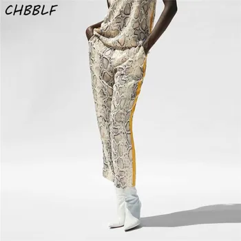 

CHBBLF women side striped snake pattern pants elastic waist ladies casual streetwear fashion trousers mujer XSZ1756